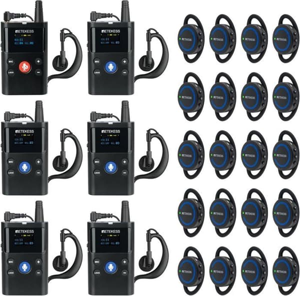 Retekess TT126 Mikrofonsystem för Turistguide, tvåvägs turistguide headset för fabrik (1 TX 5 RX, 20 mottagare)