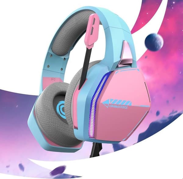 Trådbunden Gaming Hörlurar - Oniverse - Nebula - Justerbar Mikrofons - LED - 50mm Högtalare - Rosa