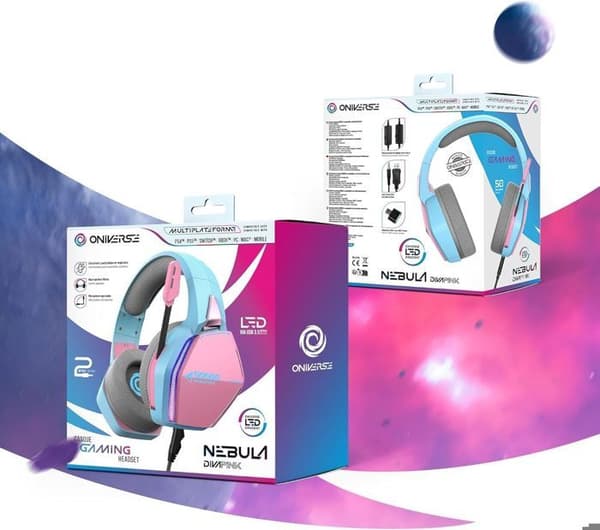 Trådbunden Gaming Hörlurar - Oniverse - Nebula - Justerbar Mikrofons - LED - 50mm Högtalare - Rosa