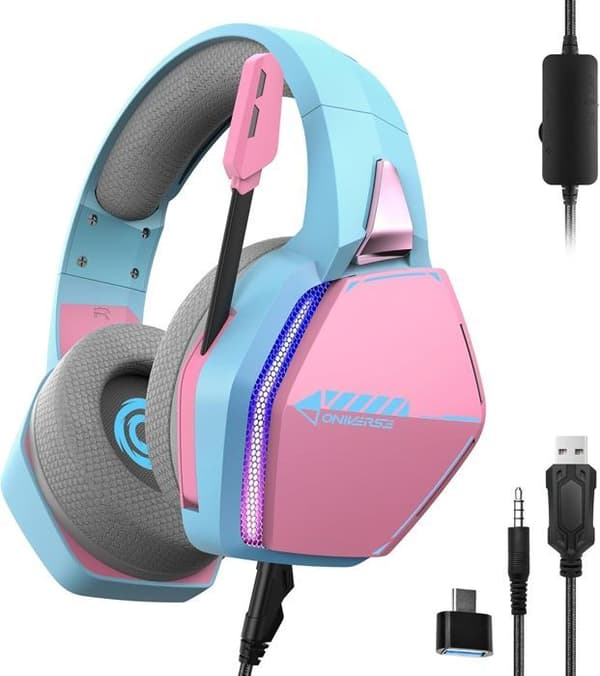 Trådbunden Gaming Hörlurar - Oniverse - Nebula - Justerbar Mikrofons - LED - 50mm Högtalare - Rosa