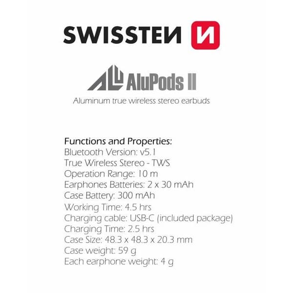 Casque Swissten Bluetooth TWS Alupods II
