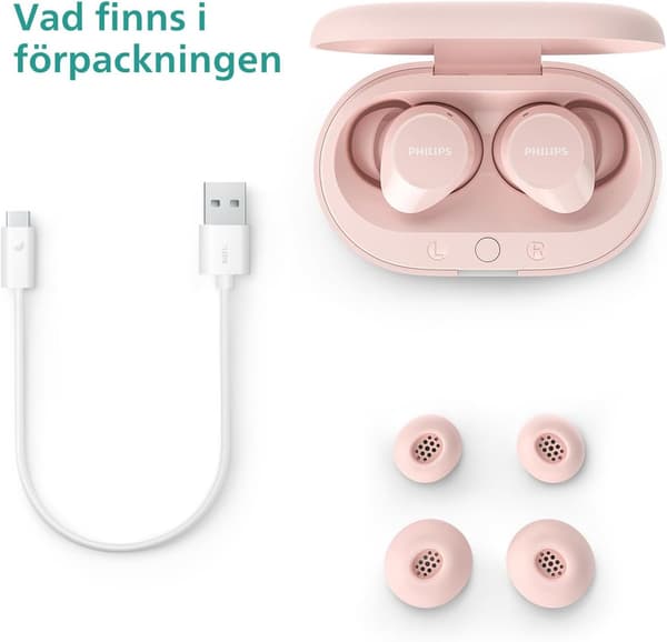 Philips TAT1209BK Ægte Trådløse In-Ear Bluetooth Hovedtelefoner Naturlig Lyd med Dynamisk Bas, Klare Opkald og Lommestørrelse Opladningsetui - Pink