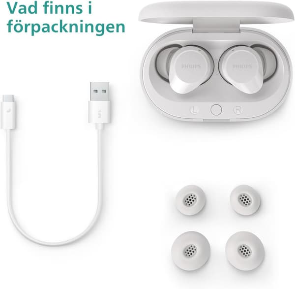Philips TAT1209BK Ægte Trådløse In-Ear Bluetooth Hovedtelefoner Naturlig Lyd med Dynamisk Bas, Klare Opkald og Lommeformat Opladningsetui - Hvid