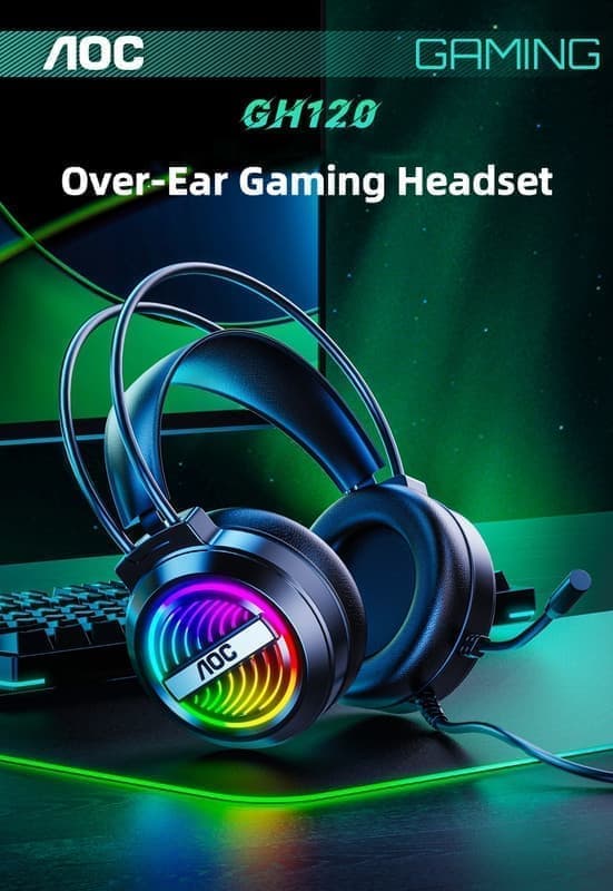 AOC GH120 Ultra - Comfort Over - Ear Wired Gaming Headset with Immersive Sound & RGB Lighting