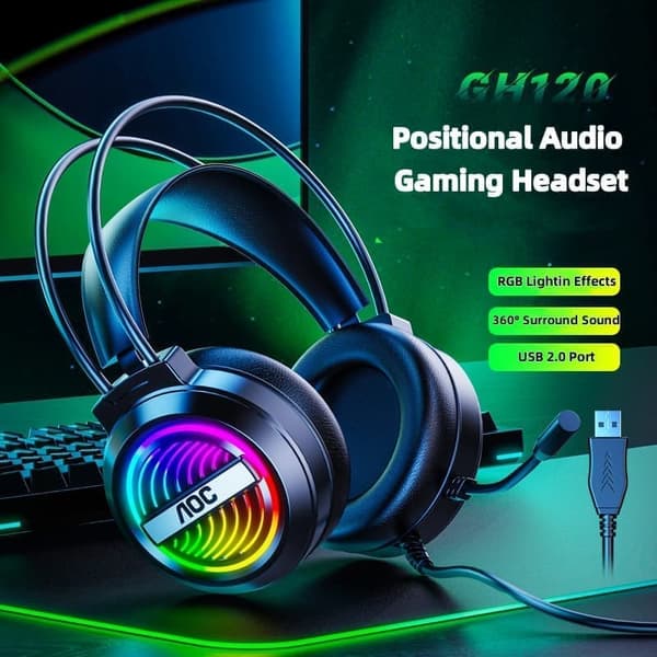 AOC GH120 Ultra - Comfort Over - Ear Wired Gaming Headset with Immersive Sound & RGB Lighting
