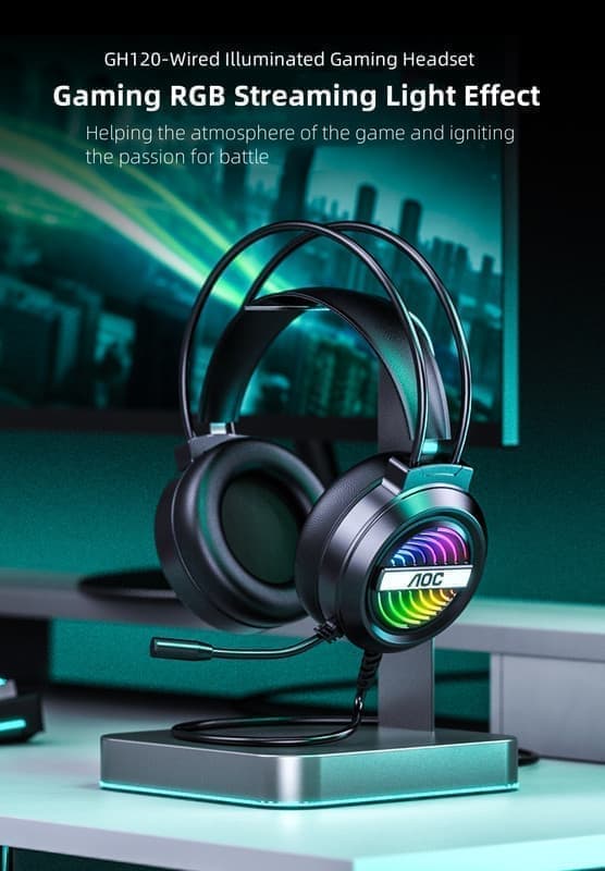 AOC GH120 Ultra - Comfort Over - Ear Wired Gaming Headset with Immersive Sound & RGB Lighting