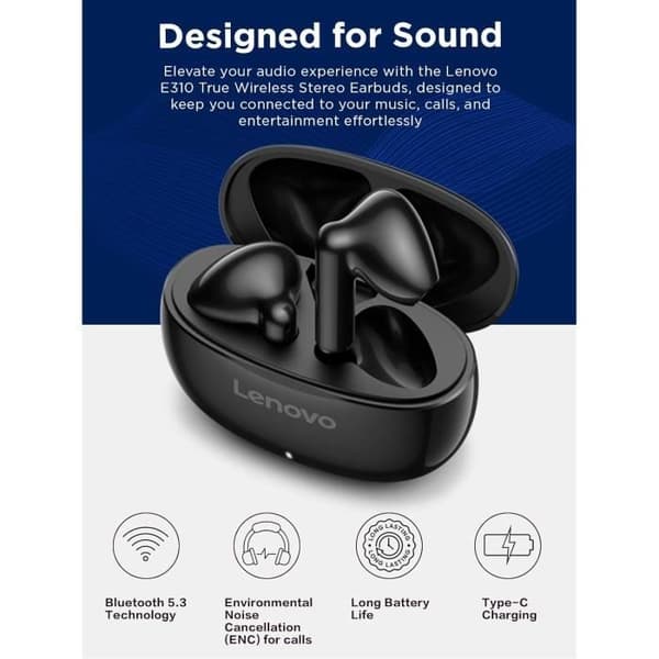 Lenovo E310 Trådlösa Stereoheadset - Bluetooth 5.3 ENC - 13 mm Högtalare - Svart