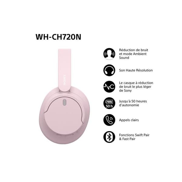 Trådlösa Bluetooth-hörlurar Sony med brusreduktion WH-CH720 Rosa