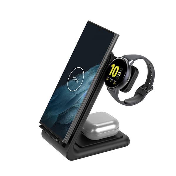 CrongPowerSpotPivotStand-3-in-1langatonlaturiSamsungillejaAndroidille,GalaxyWatchillejaTWS-kuulokkeille(musta)