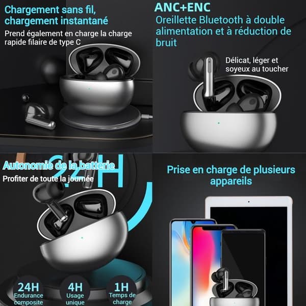 Trådlösa INN® bluetooth 5.3-hörlurar 24 timmars speltid Brusreducerande hörlurar Stöd för trådlös laddning