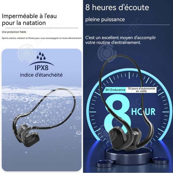 INN Hörsnäckor med benledning 8 timmars lästid IPX8 vattentåliga magnetisk laddning Bluetooth 5.3 svart
