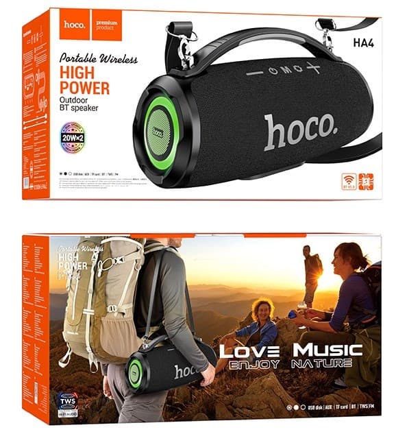 HOCO HA4 Surge Bærbar Højttaler Bluetooth/ FM/ TF-kort/ USB-hukommelsesstik/ AUX 2 x 20 W Sort
