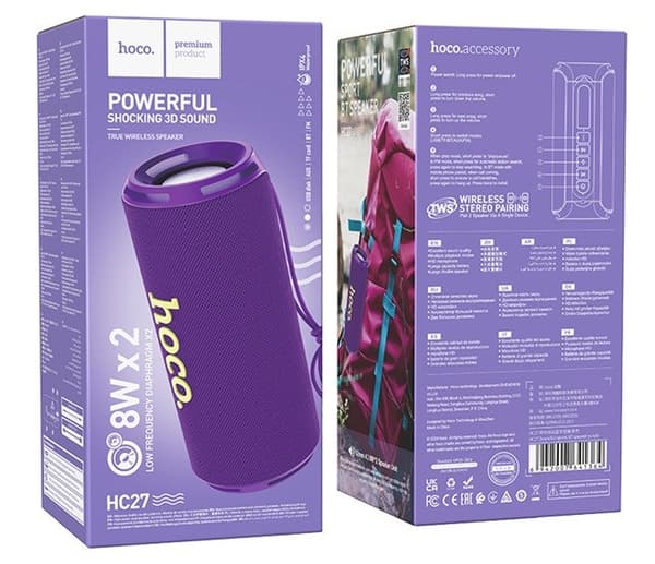 HOCO HC27 Soundful Bærbar Højttaler Bluetooth/ FM/ TF Kort/ USB-Stick/ AUX 2 x 8 W Lilla