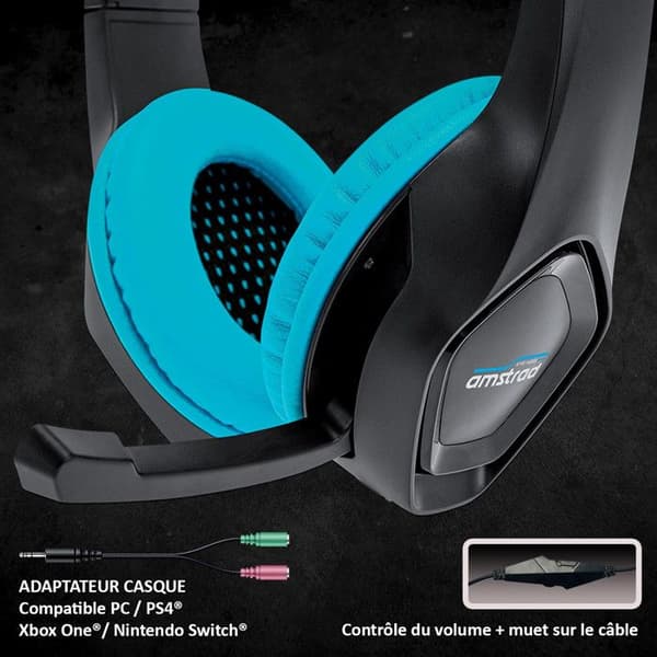 AMSTRAD AMS H888 BLUE Pro Gamer-hörlurar - Diameter 40 mm - Power Bass - Justerbar mikrofon