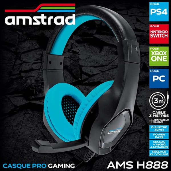 AMSTRAD AMS H888 BLUE Pro Gamer-hörlurar - Diameter 40 mm - Power Bass - Justerbar mikrofon