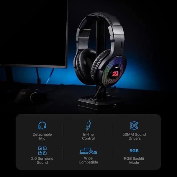 Redragon H350 Trådlös Spelhuvudtelefon med Dynamisk RGB-Belysning - Stereo Surround-ljud - 50 MM Drivrutiner - Avtagbar Mikrofon