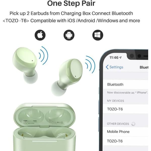 Bluetooth-hörlurar - TOZO - T6 - Vattentålighet IPX8 - Batteritid 30h - Tactil kontroll