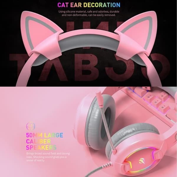 GAMENOTE H2233d Pink Gaming Headset för flickor med RGB Lighting Cat Ears för PC och konsol - 50 mm högtalare