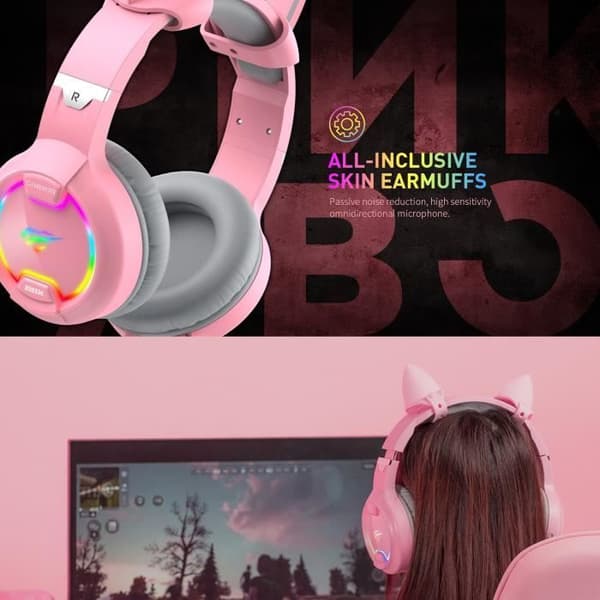 GAMENOTE H2233d Pink Gaming Headset för flickor med RGB Lighting Cat Ears för PC och konsol - 50 mm högtalare