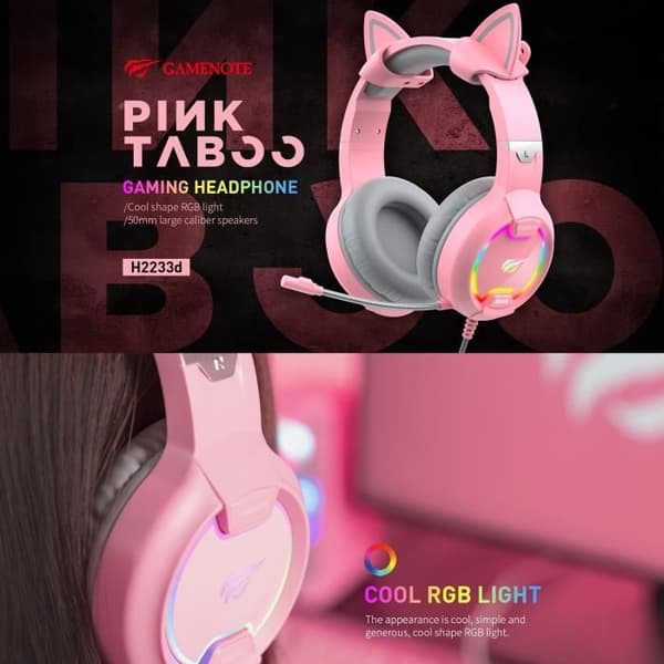GAMENOTE H2233d Pink Gaming Headset för flickor med RGB Lighting Cat Ears för PC och konsol - 50 mm högtalare