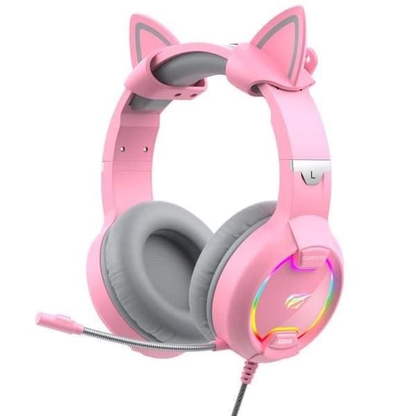 GAMENOTE H2233d Pink Gaming Headset för flickor med RGB Lighting Cat Ears för PC och konsol - 50 mm högtalare