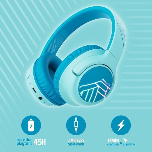 Barnhörlurar - PowerLocus - Bluetooth - Begränsad volym 74-85-94dB - 45 timmar - Färgade LED-lampor