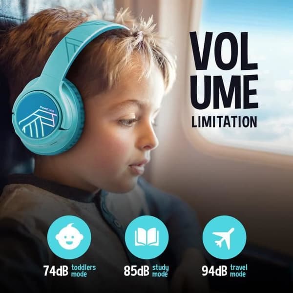 Barnhörlurar - PowerLocus - Bluetooth - Begränsad volym 74-85-94dB - 45 timmar - Färgade LED-lampor