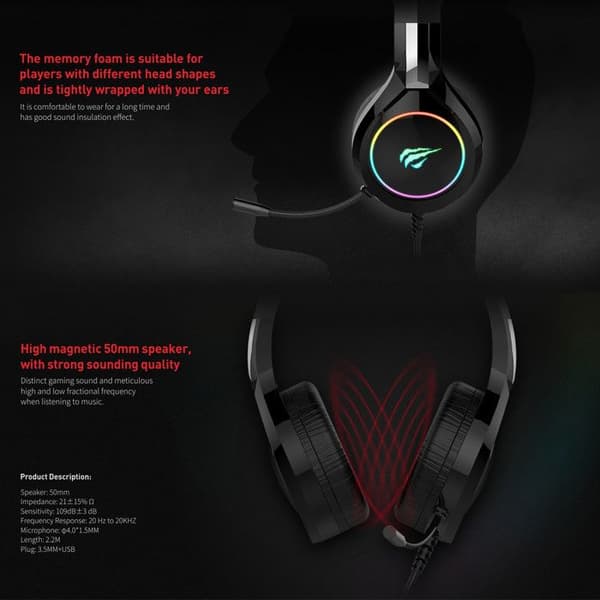GAMENOTE HV-H2232D spelheadset med mikrofon och RGB-bakgrundsbelysning för PC och konsoler - 50 mm högtalare - Volymkontroll