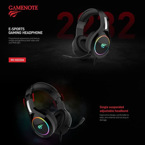 GAMENOTE HV-H2232D spelheadset med mikrofon och RGB-bakgrundsbelysning för PC och konsoler - 50 mm högtalare - Volymkontroll