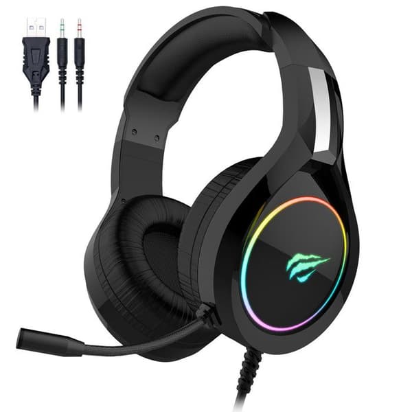GAMENOTE HV-H2232D spelheadset med mikrofon och RGB-bakgrundsbelysning för PC och konsoler - 50 mm högtalare - Volymkontroll