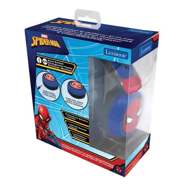 SPIDER-MAN Bekväma Hopfällbara 2-i-1 Bluetooth- och trådanslutna Hörlurar för Barn med Hörselnedsättning - LEXIBOOK