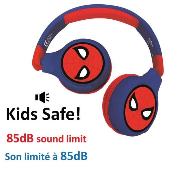 SPIDER-MAN Bekväma Hopfällbara 2-i-1 Bluetooth- och trådanslutna Hörlurar för Barn med Hörselnedsättning - LEXIBOOK