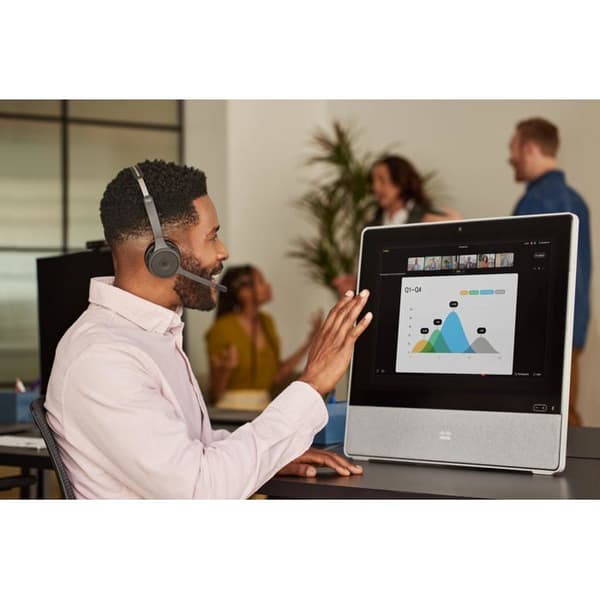 Trådlöst Bluetooth on-ear-headset med AI-röstaktiverade mikrofoner, 23 timmars batteritid, dedikerad Webex-knapp, passiv avstängning