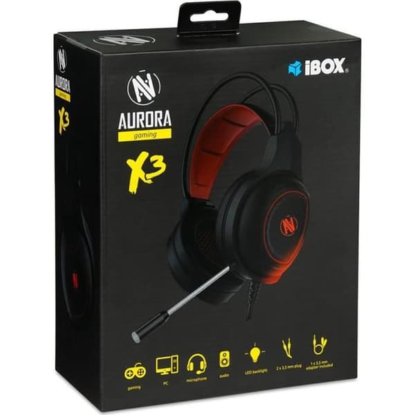 Ibox Aurora X3 Gaming Headset - Mikrofon med pannband, USB, öra, 3,5 mm minijack, svart