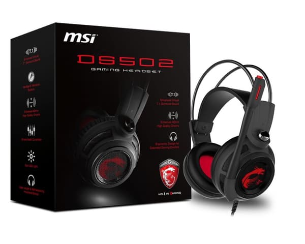 MSI DS502 7.1 Virtual Surround Sound Gaming Headset "Musta Ambient Dragon -logolla, Langallinen USB-liitin, 40 mm:n elementit, Sisäänrakennettu Älykäs