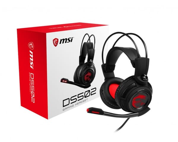 MSI DS502 7.1 Virtual Surround Sound Gaming Headset "Musta Ambient Dragon -logolla, Langallinen USB-liitin, 40 mm:n elementit, Sisäänrakennettu Älykäs