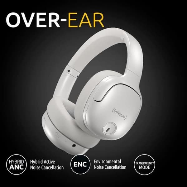 Intenso O400HA Hybrid Supra-aural Hörlurar med Aktiv Bullerreducering och Bluetooth 5.3, Vit