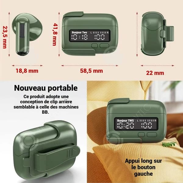 INN Bluetooth-hörlurar utan brusreducering för samtal, låg latens, ljudkvalitet hi-fi, ergonomisk design av klämma.