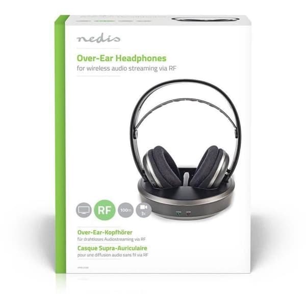 NEDIS HPRF210BK trådlösa hörlurar - Radiofrekvens (RF) - Over Ear - Laddningsbas - Svart/Silver