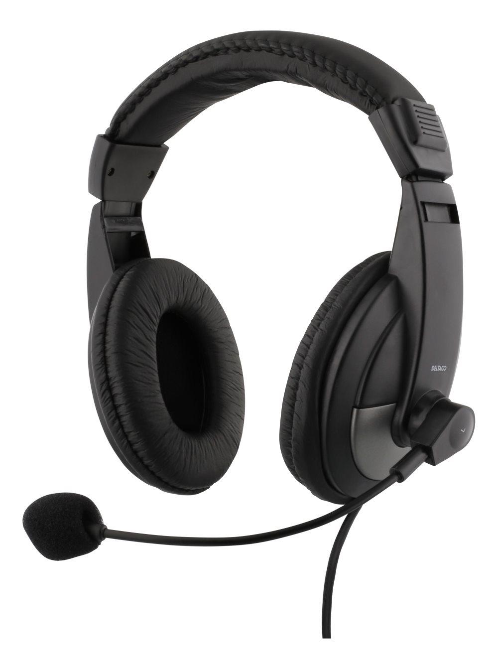 DELTACO Headset, 40mm element, 1x4-pin 3.5mm connector, black
