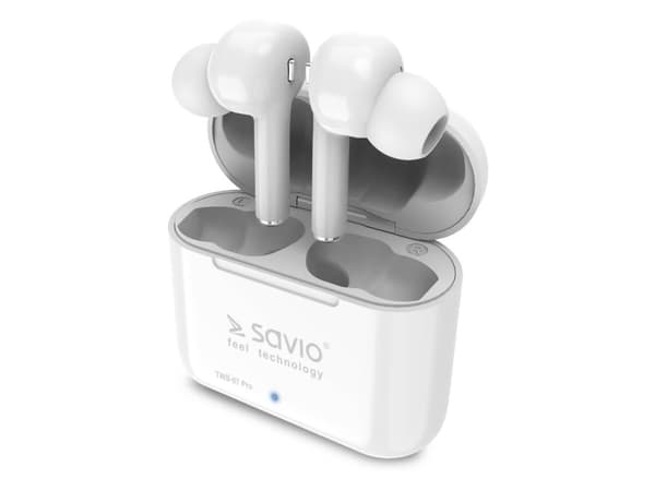 Savio TWS-07 PRO, Kuulokkeet, In-ear, Musiikki, Valkoinen, Soita/Tauko, Track <, Kappale >, Volume +, Volume -, Kosketus