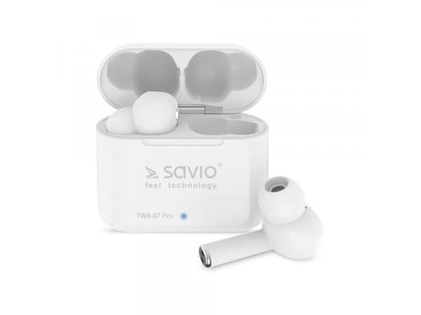 Savio TWS-07 PRO, Kuulokkeet, In-ear, Musiikki, Valkoinen, Soita/Tauko, Track <, Kappale >, Volume +, Volume -, Kosketus