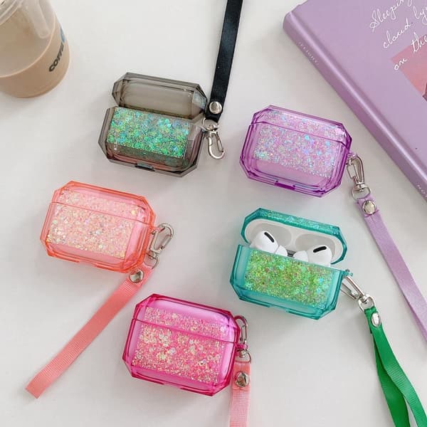 Veske til Airpods Pro med glitter og ekstra stropp