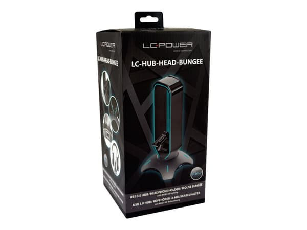 LC-POWER USB-keskitin ja kuulokkeiden pidike musta, USB 3.0 portit