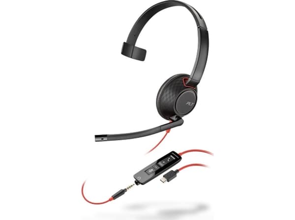 POLY Blackwire 5210, Langallinen, Puhelut/Musiikki, 125,4 g, Kuulokkeet, Musta, Punainen