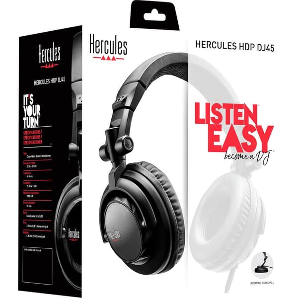 Hercules HDP DJ45 DJ Over Ear hörlurar Sladd Svart Hopfällbara
