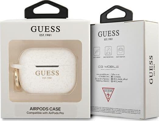 Dėklas Guess GUAPSGGEH AirPods Pro dangtelis baltas Silikono blizgučiai