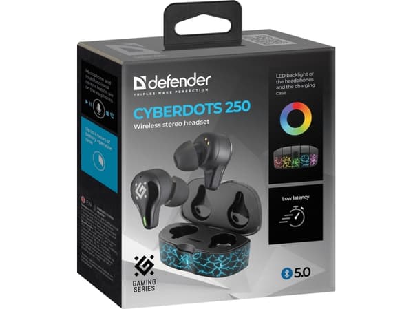 Defender CYBERDOTS 250, True Wireless Stereo (TWS), Samtale/Musikk/Sport/Hverdag, 20 - 20000 Hz, Hodesett, Sort