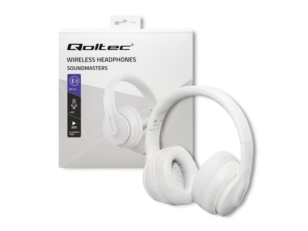Qoltec Soundmasters - Hörlurar med mikrofon - fullstorlek - Bluetooth - trådlös, kabelansluten - 3,5 mm kontakt - vit