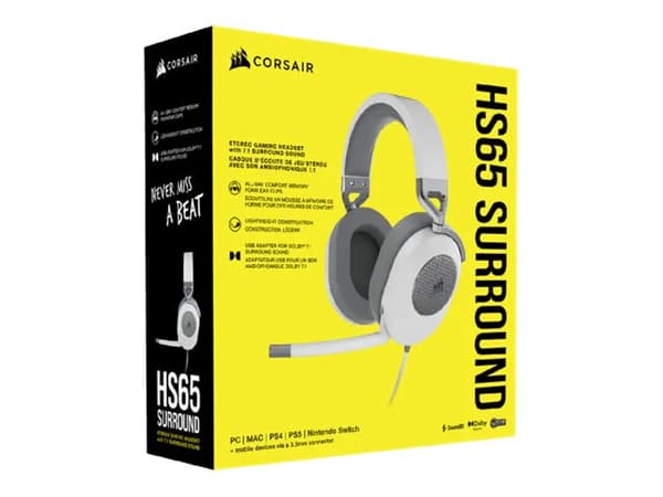 CORSAIR Gaming HS65 SURROUND - Hodesett - full størrelse - kablet - 3,5 mm jakk - hvit